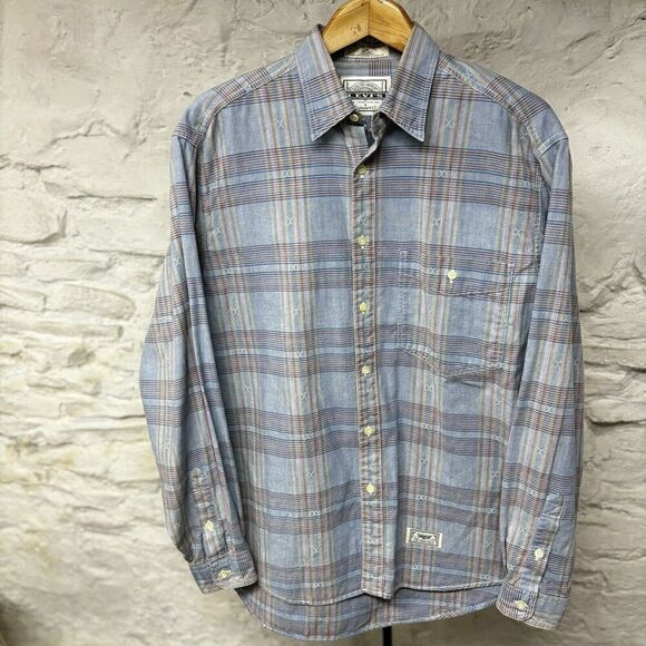 Vintage 80s Levi's Made In USA Patterned Chambray Button Up Shirt Hippie Western - Picture 1 of 7